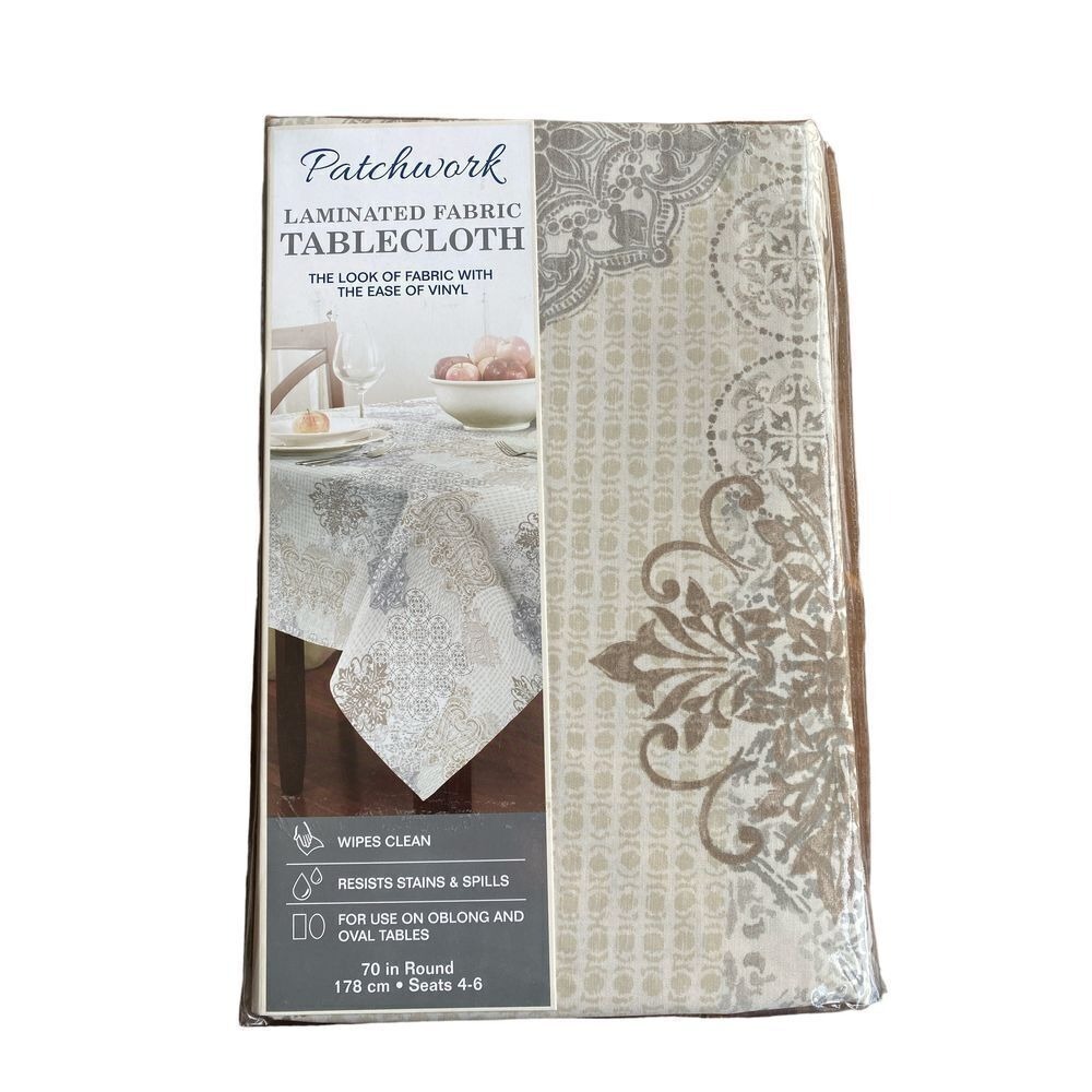 Town & Country Patchwork Tablecloth Round 70in Cream NWT Laminated Fabric Damask